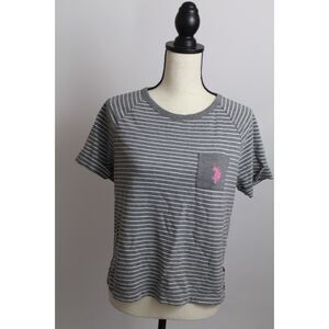 Women’s U.S. Polo Assn. Grey & White Striped Long Sleeve Tee – Size Medium